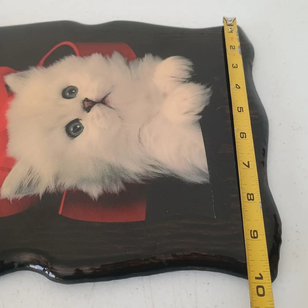 Vintage Lacquered Wood White Persian Cat Kitten W/ Red Bow Plaque